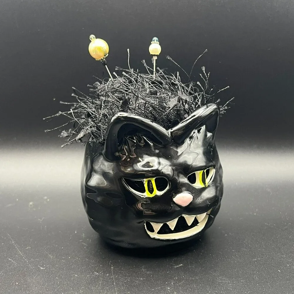 Ceramic Fierce Black Cat Pin‎ Cushion ~ Planter Pot Upcycled ~ Fun!